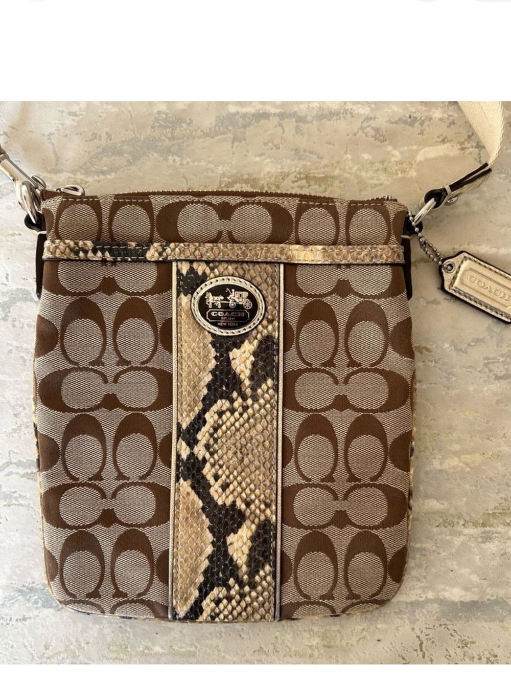 Coach Brown and Tan Signature Crossbody with Snake-Print Center